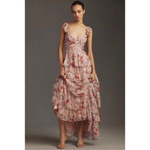 Anthropologie Mac Duggal Pink Chiffon Floral Tiered Gown Maxi Dress 10 NWT